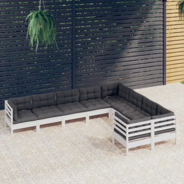 Set mobilier de grădină cu perne, 9 piese, alb, lemn de pin - Img 1