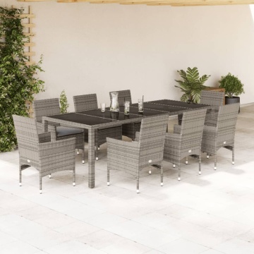 Set mobilier de grădină cu perne 9 piese gri poliratan & sticlă - Img 1
