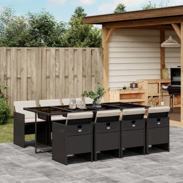 Set mobilier de grădină cu perne, 9 piese, negru, poliratan - Img 1