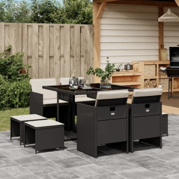 Set mobilier de grădină cu perne, 9 piese, negru, poliratan - Img 1