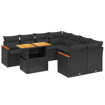 Set mobilier de grădină cu perne, 9 piese, negru, poliratan - Img 2