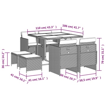 Set mobilier de grădină cu perne, 9 piese, negru, poliratan - Img 5
