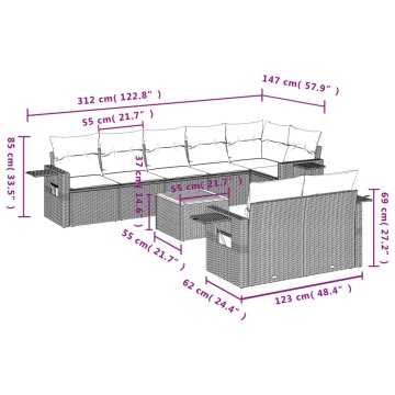 Set mobilier de grădină cu perne, 9 piese, negru, poliratan - Img 3