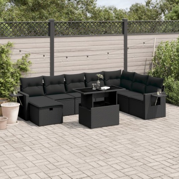 Set mobilier de grădină cu perne, 9 piese, negru, poliratan - Img 1