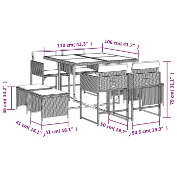 Set mobilier de grădină cu perne, 9 piese, negru, poliratan - Img 5