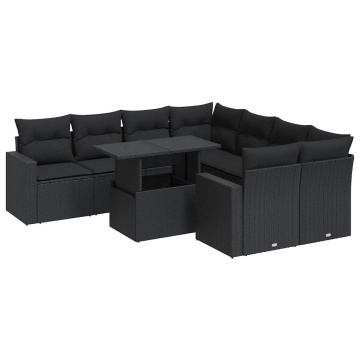 Set mobilier de grădină cu perne, 9 piese, negru, poliratan - Img 2