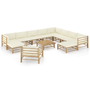 Set mobilier de grădină cu perne alb crem, 12 piese, bambus - Img 1