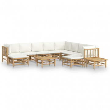 Set mobilier de grădină cu perne alb crem, 12 piese, bambus - Img 2