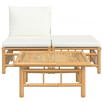 Set mobilier de grădină, cu perne alb crem, 3 piese, bambus - Img 3