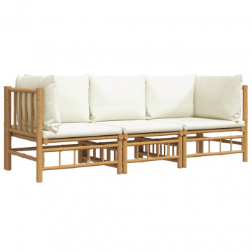Set mobilier de grădină, cu perne alb crem, 3 piese, bambus - Img 3