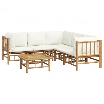 Set mobilier de grădină cu perne alb crem, 6 piese, bambus - Img 3