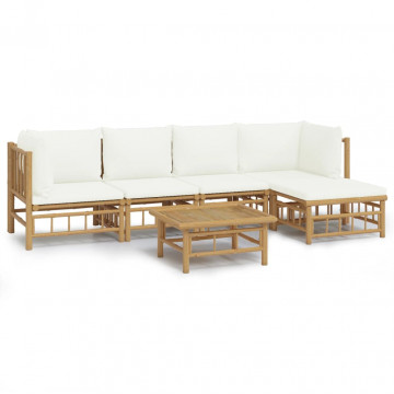 Set mobilier de grădină cu perne alb crem, 6 piese, bambus - Img 2