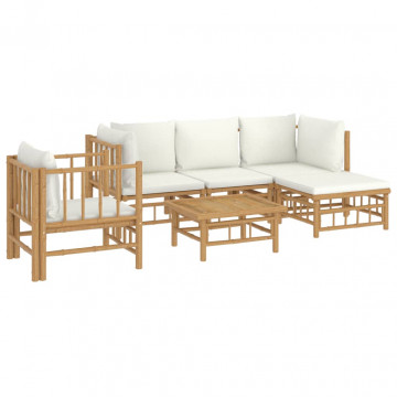Set mobilier de grădină cu perne alb crem, 6 piese, bambus - Img 3