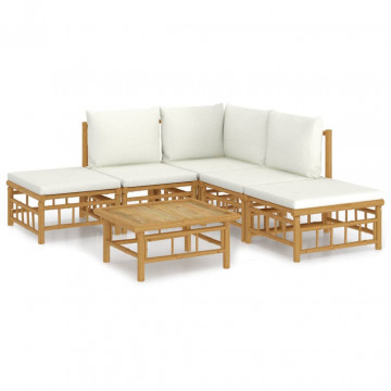 Set mobilier de grădină cu perne alb crem, 6 piese, bambus - Img 2