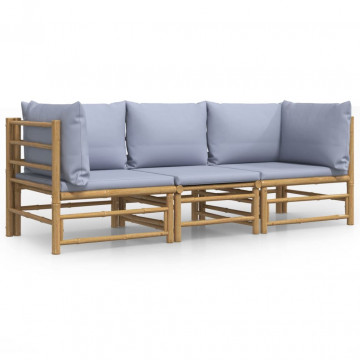 Set mobilier de grădină cu perne gri deschis, 3 piese, bambus - Img 2