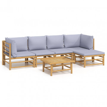 Set mobilier de grădină cu perne gri deschis, 6 piese, bambus - Img 2