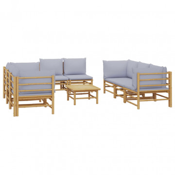 Set mobilier de grădină cu perne gri deschis, 9 piese, bambus - Img 3