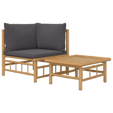 Set mobilier de grădină cu perne gri închis, 2 piese, bambus - Img 2