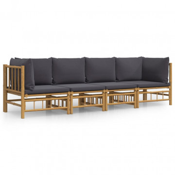 Set mobilier de grădină cu perne gri închis, 4 piese, bambus - Img 2