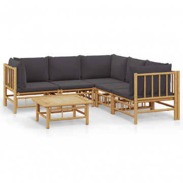 Set mobilier de grădină cu perne gri închis, 6 piese, bambus - Img 2