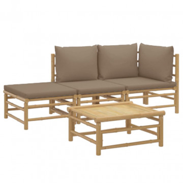 Set mobilier de grădină cu perne gri taupe, 4 piese, bambus - Img 3