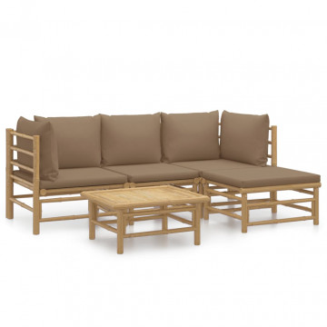 Set mobilier de grădină cu perne gri taupe, 5 piese, bambus - Img 2