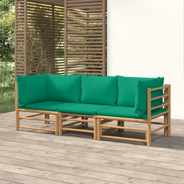 Set mobilier de grădină cu perne verzi, 3 piese, bambus - Img 1