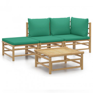 Set mobilier de grădină cu perne verzi, 4 piese, bambus - Img 2