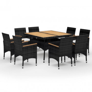 Set mobilier grădină, 9 piese, negru, poliratan și lemn masiv - Img 2