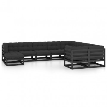 Set mobilier grădină cu perne, 10 piese, negru, lemn masiv pin - Img 1