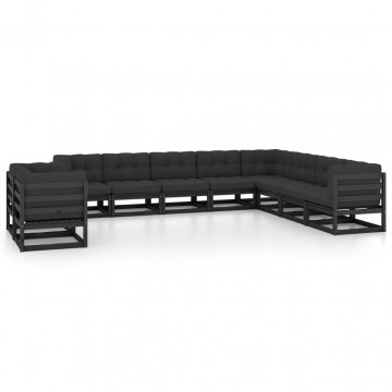 Set mobilier grădină cu perne, 10 piese, negru, lemn masiv pin - Img 1