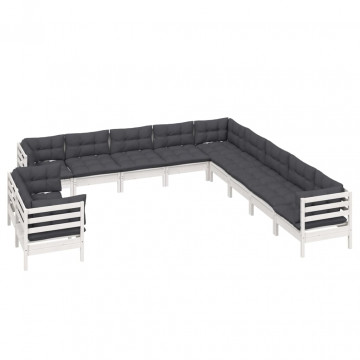 Set mobilier grădină cu perne, 11 piese, alb, lemn masiv de pin - Img 3