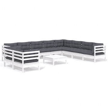 Set mobilier grădină cu perne, 11 piese, alb, lemn masiv pin - Img 2