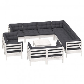 Set mobilier grădină cu perne, 12 piese, alb, lemn masiv pin - Img 3
