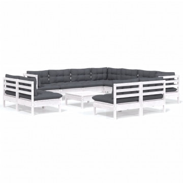 Set mobilier grădină cu perne, 12 piese, alb, lemn masiv pin - Img 2