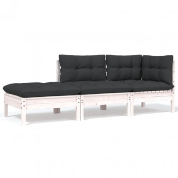 Set mobilier grădină cu perne, 3 piese, alb, lemn masiv pin - Img 1