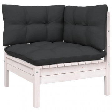Set mobilier grădină cu perne, 3 piese, alb, lemn masiv pin - Img 2