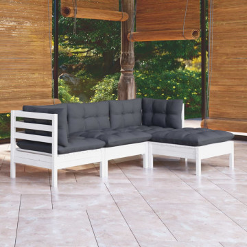 Set mobilier grădină cu perne, 4 piese, alb, lemn de pin - Img 1