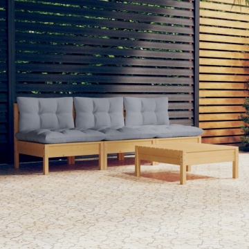 Set mobilier grădină cu perne, 4 piese, gri, lemn de pin - Img 1