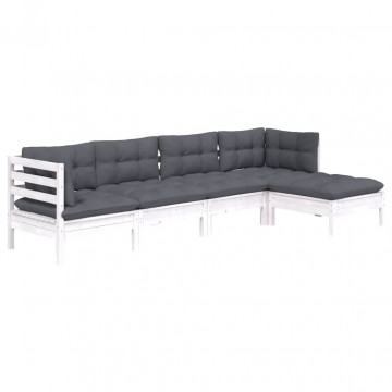 Set mobilier grădină cu perne, 5 piese, alb, lemn de pin - Img 3