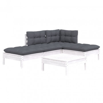 Set mobilier grădină cu perne, 5 piese, alb, lemn de pin - Img 3