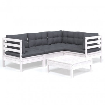 Set mobilier grădină cu perne, 5 piese, alb, lemn de pin - Img 2