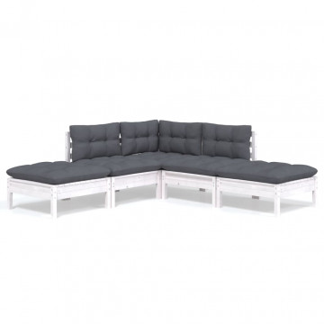 Set mobilier grădină cu perne, 5 piese, alb, lemn de pin - Img 2