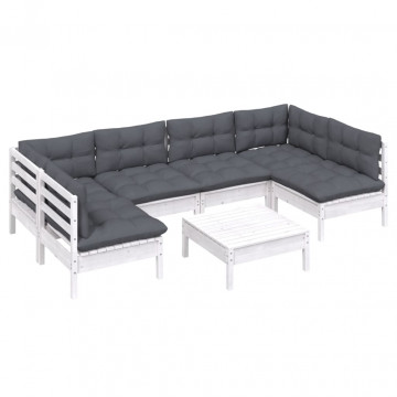 Set mobilier grădină cu perne, 7 piese, alb, lemn masiv de pin - Img 3