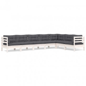Set mobilier grădină cu perne, 7 piese, alb, lemn masiv de pin - Img 2