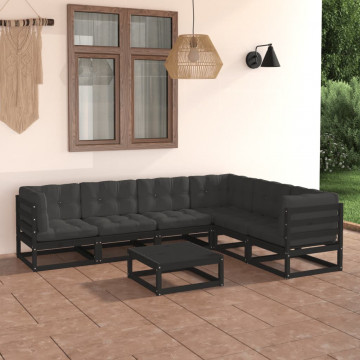 Set mobilier grădină cu perne, 7 piese, negru, lemn masiv pin - Img 1