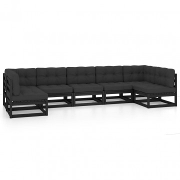 Set mobilier grădină cu perne, 7 piese, negru, lemn masiv pin - Img 2