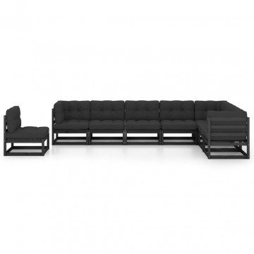 Set mobilier grădină cu perne, 8 piese, negru, lemn masiv pin - Img 2