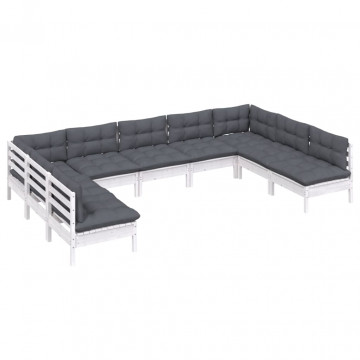 Set mobilier grădină cu perne, 9 piese, alb, lemn masiv pin - Img 3