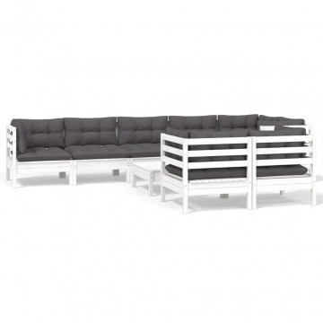 Set mobilier grădină cu perne, 9 piese, alb, lemn masiv pin - Img 2